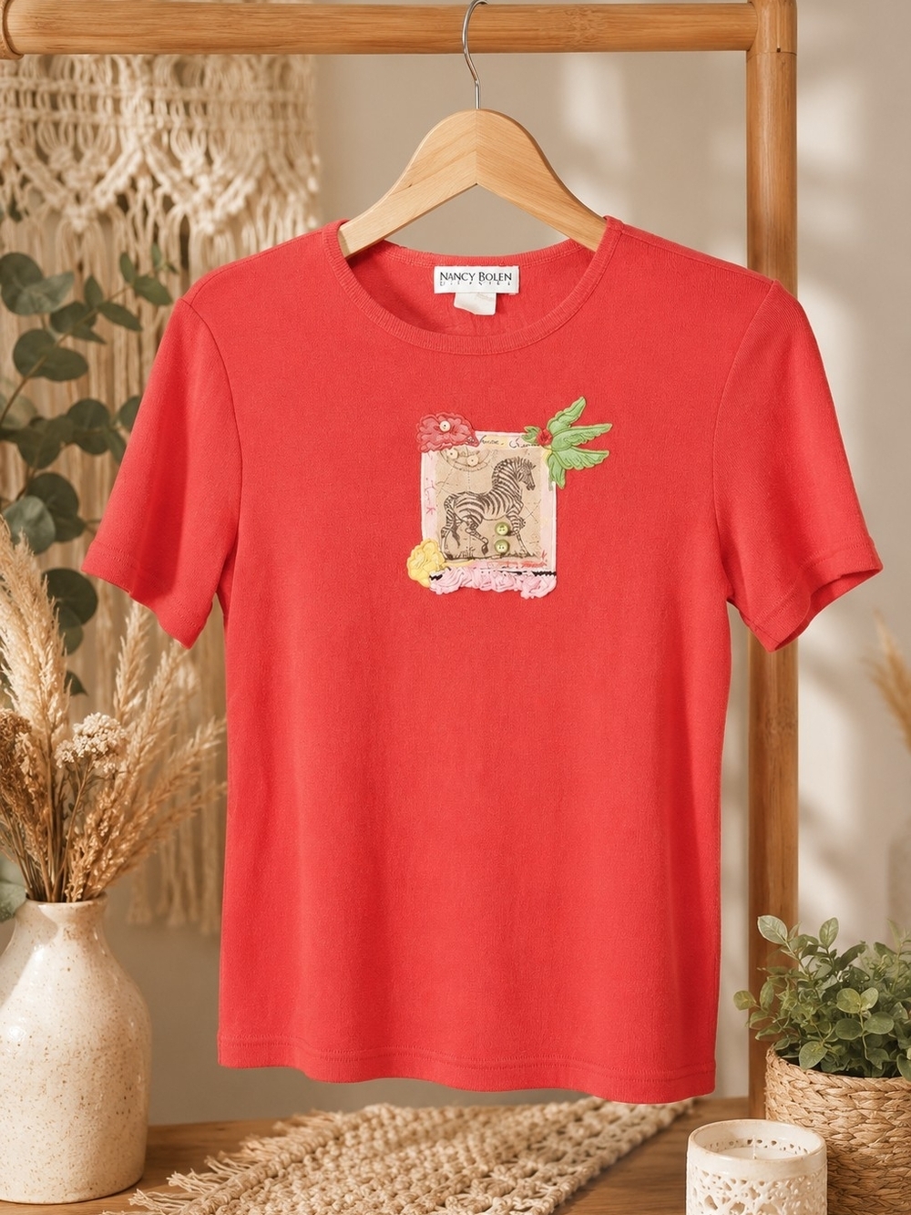 Nancy Bolen City Girl Zebra Appliqué Embellished Top Red Size L